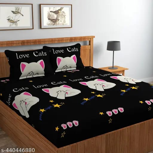 Super Soft Glace Cotton All Round Elastic Fitted Double Bed Bedsheet with 2 Pillow Covers-72x78x8